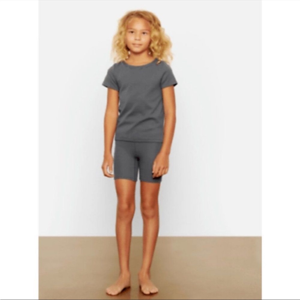 Skims Little Girl Logo Pointelle Boxer Shorts Color Slate NWT